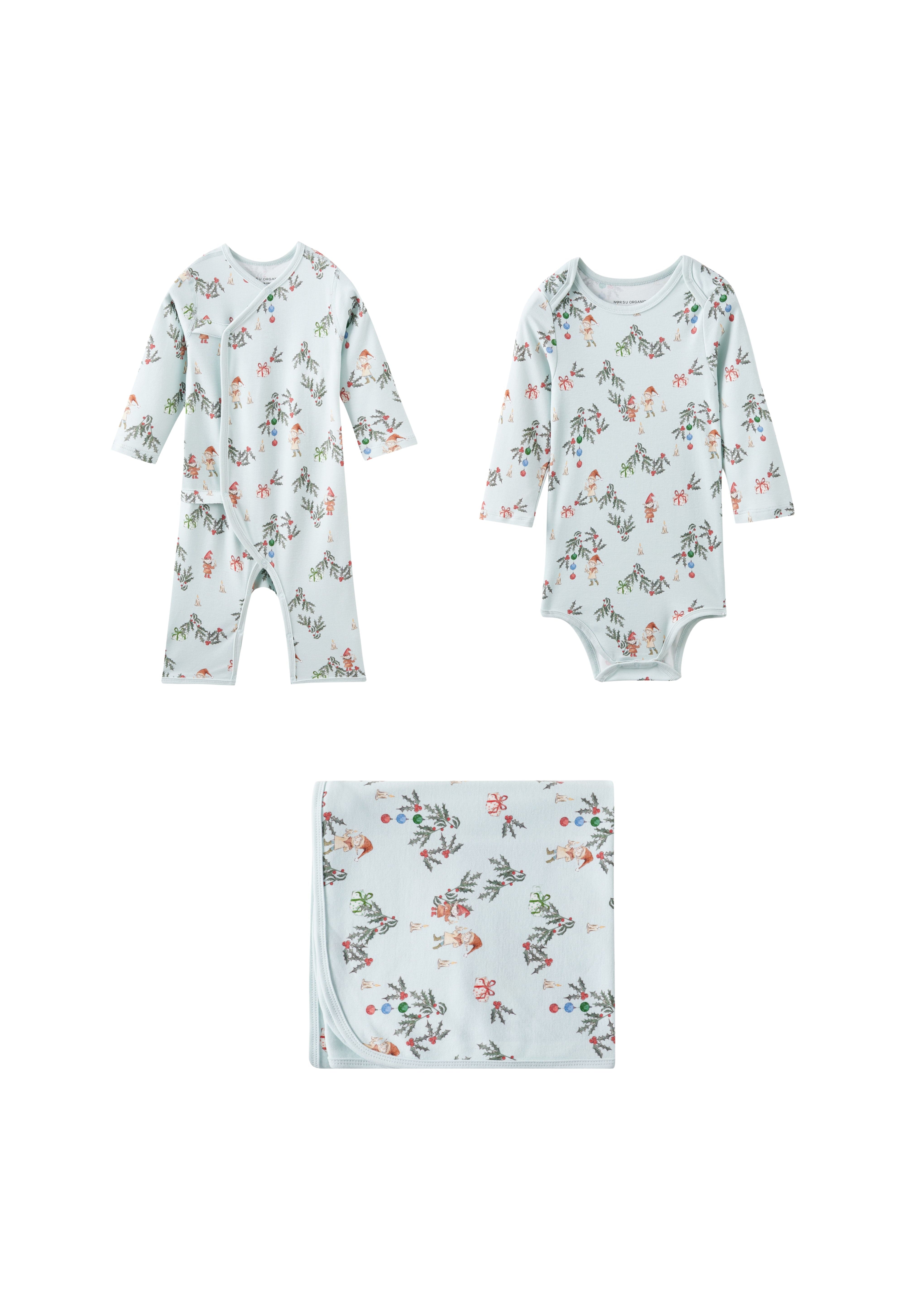 Set of baby rompers and a blanket with floral pattern on a white background