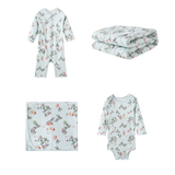 Baby clothing set with jolly patterns on a white background