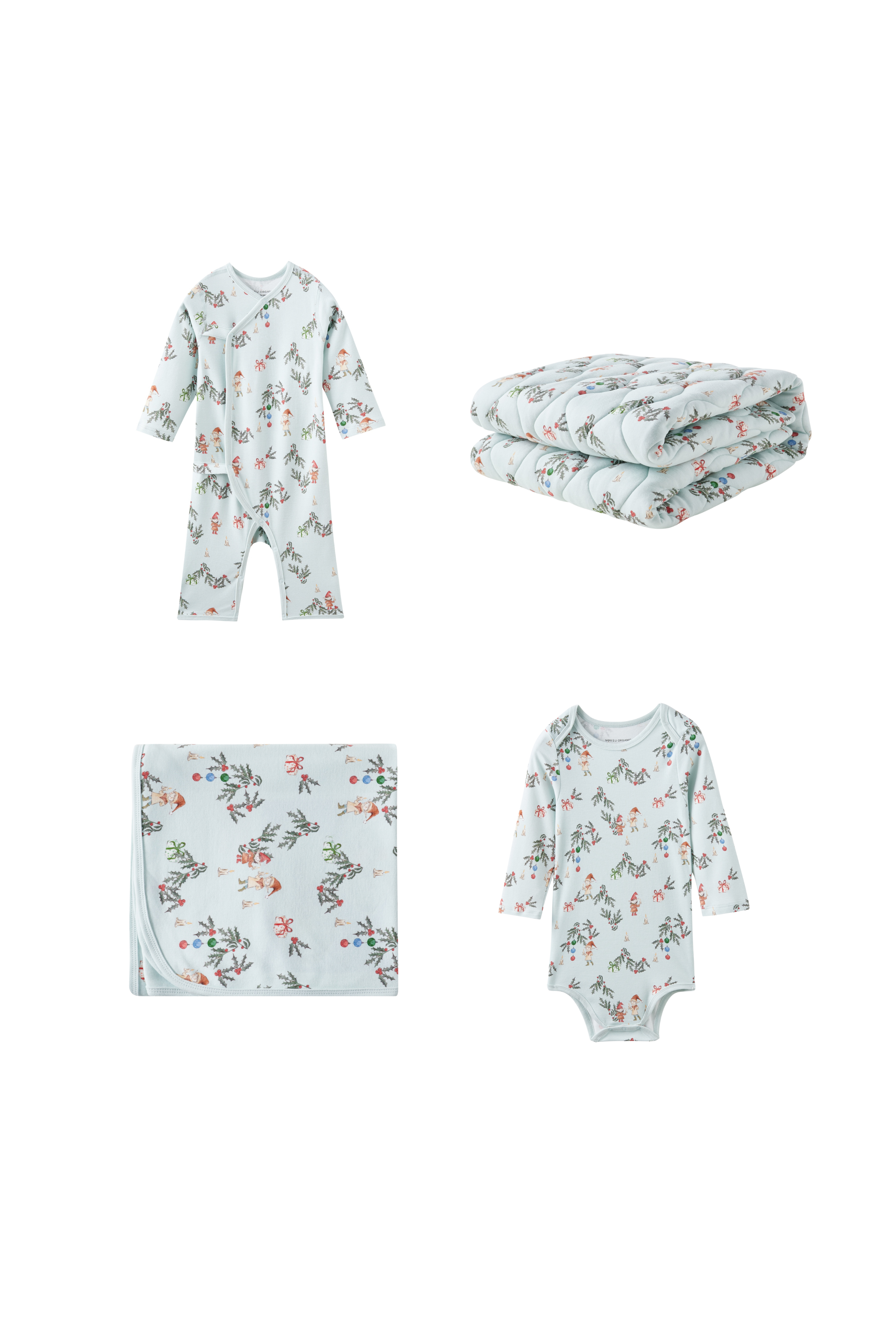 Baby clothing set with jolly patterns on a white background