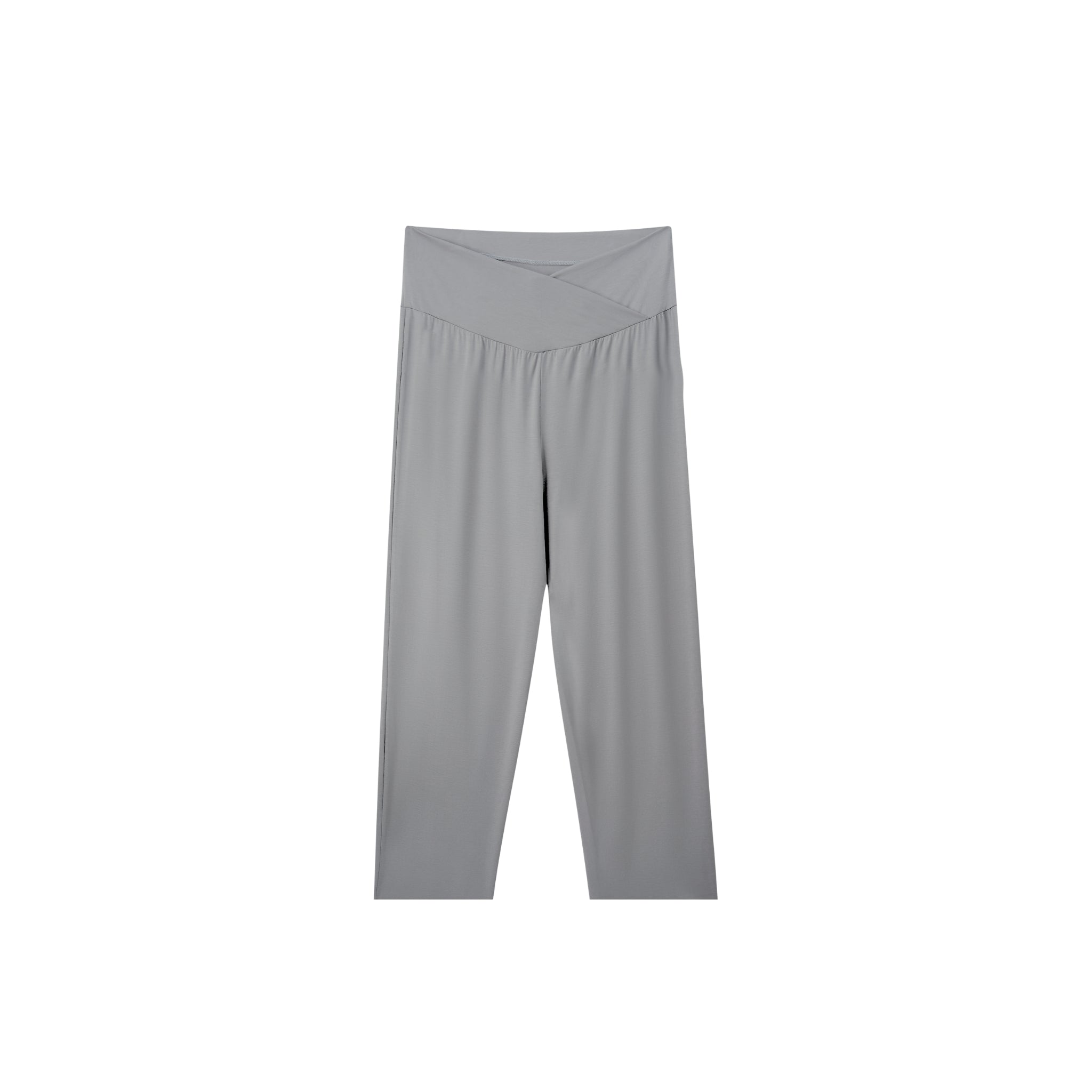 Light gray high-waisted athletic leggings with a crossover waistband, shown flat against a solid white background.