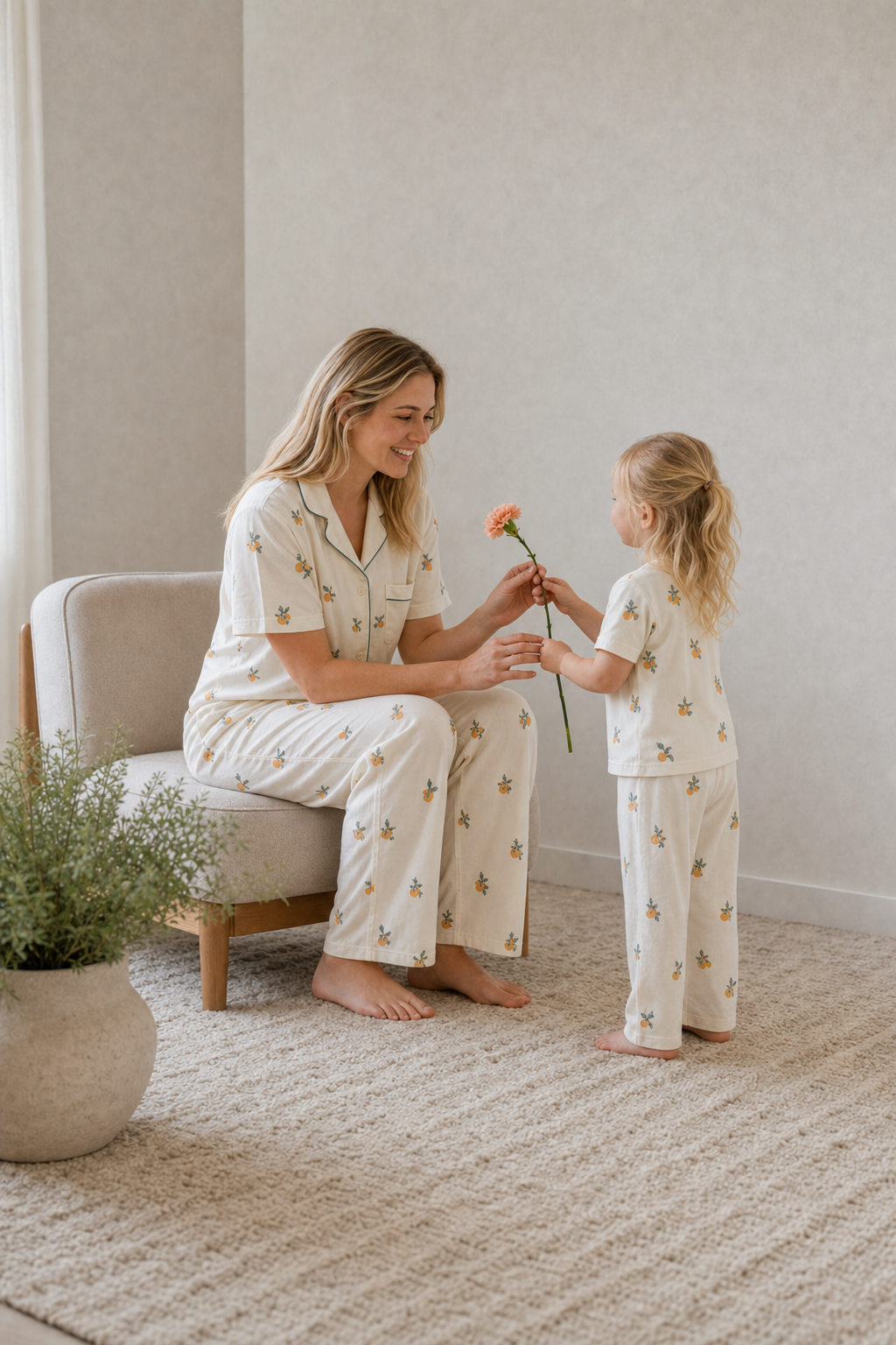 Woman and child in matching pajamas holding a flower in a cozy room.