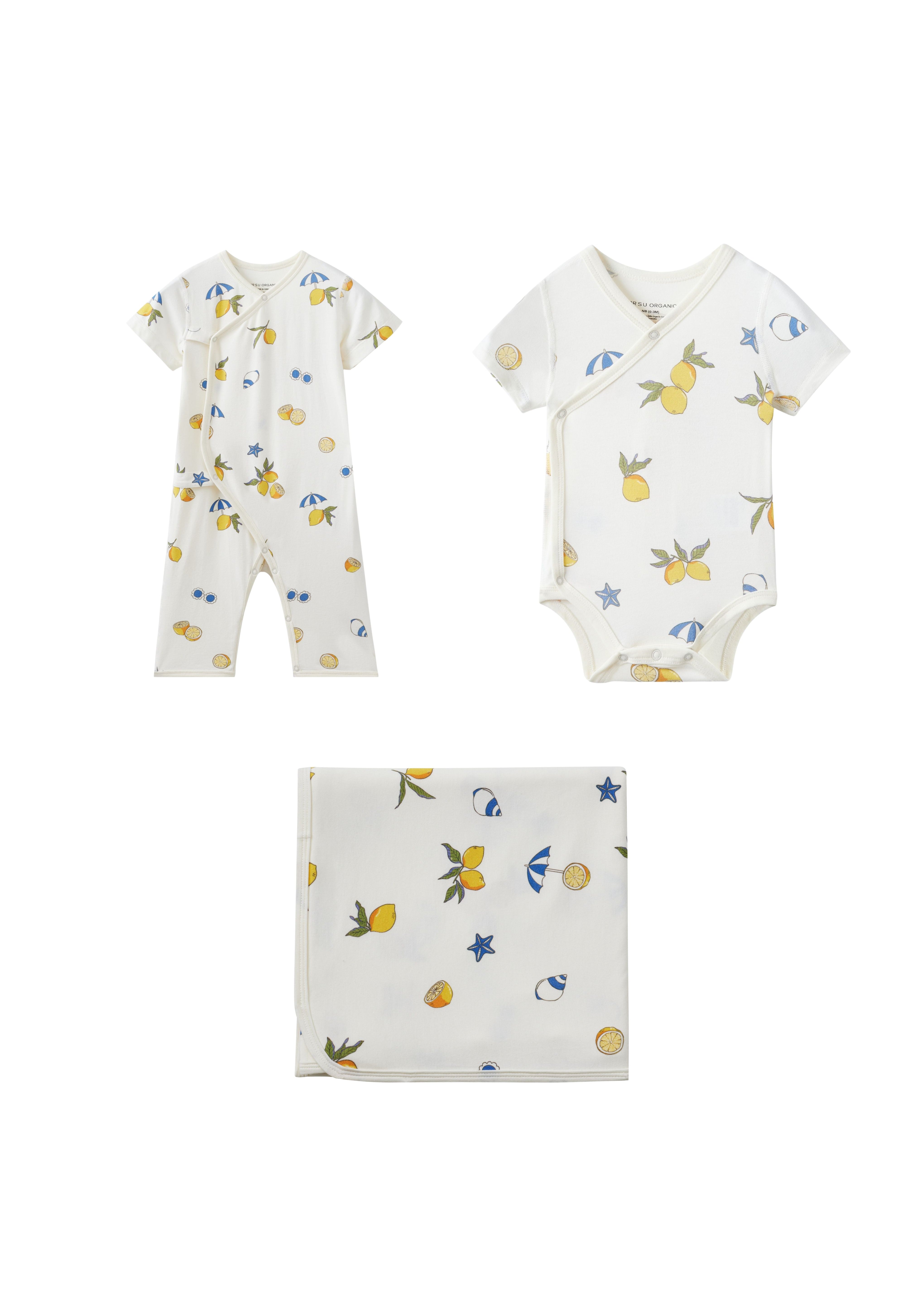 Baby clothing set with romper and onesie featuring fruit patterns on a white background