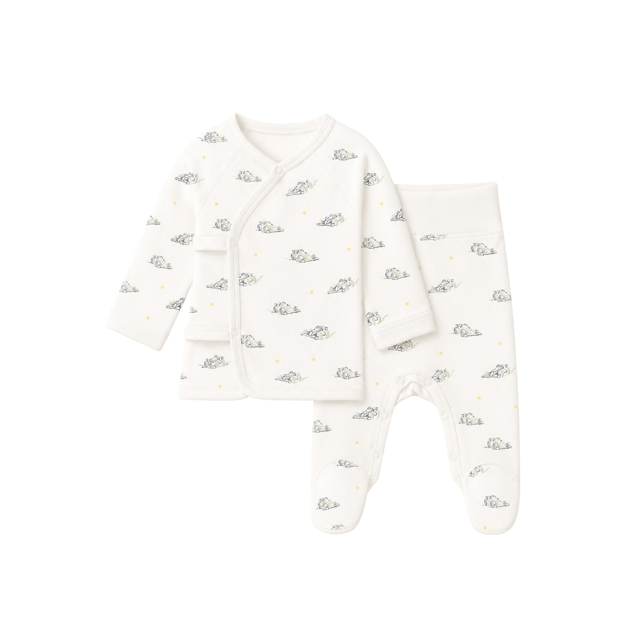 Set of baby clothing with cloud pattern on a white background