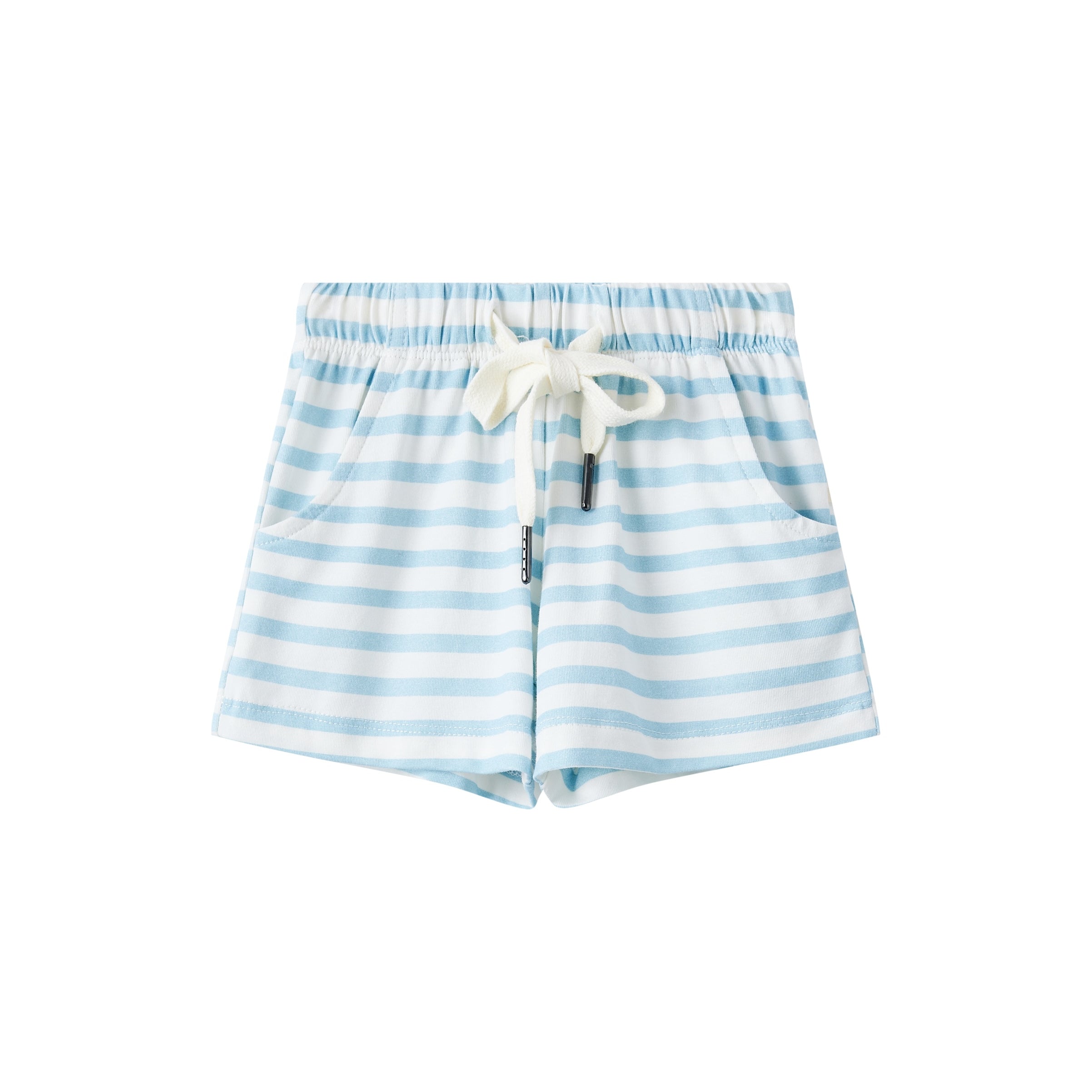 Blue and white striped shorts on a white background