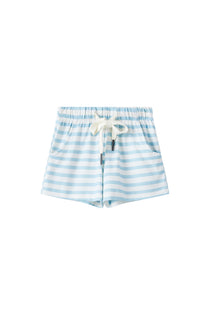 Blue and white striped shorts on a white background