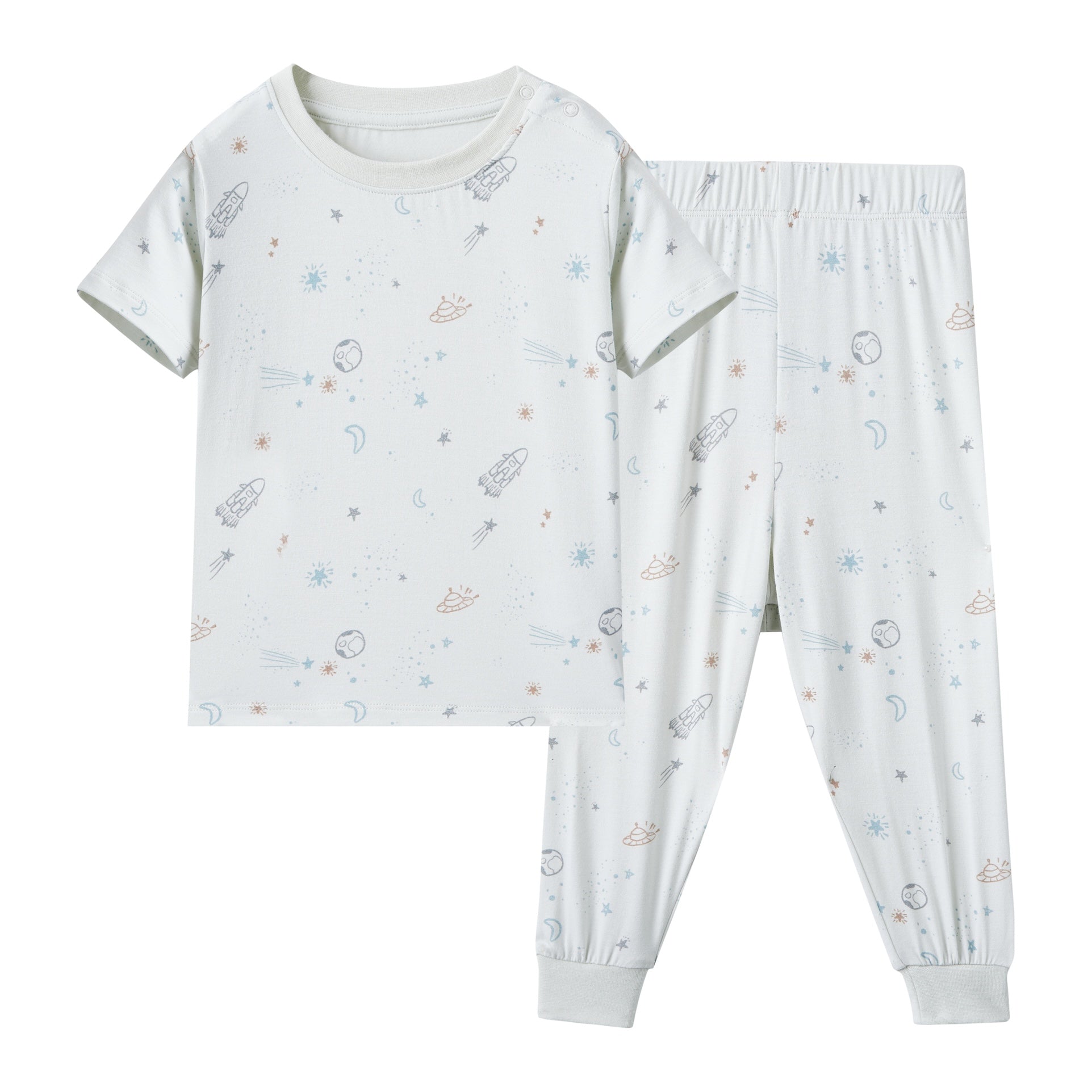 Children's pajama set with short-sleeve top and pants on a white background