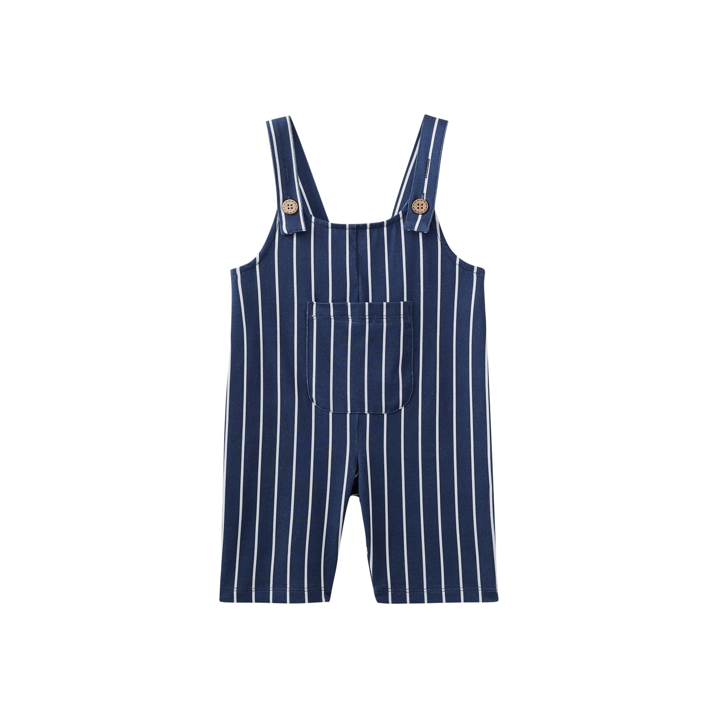 Navy pinstripe overalls on a white background