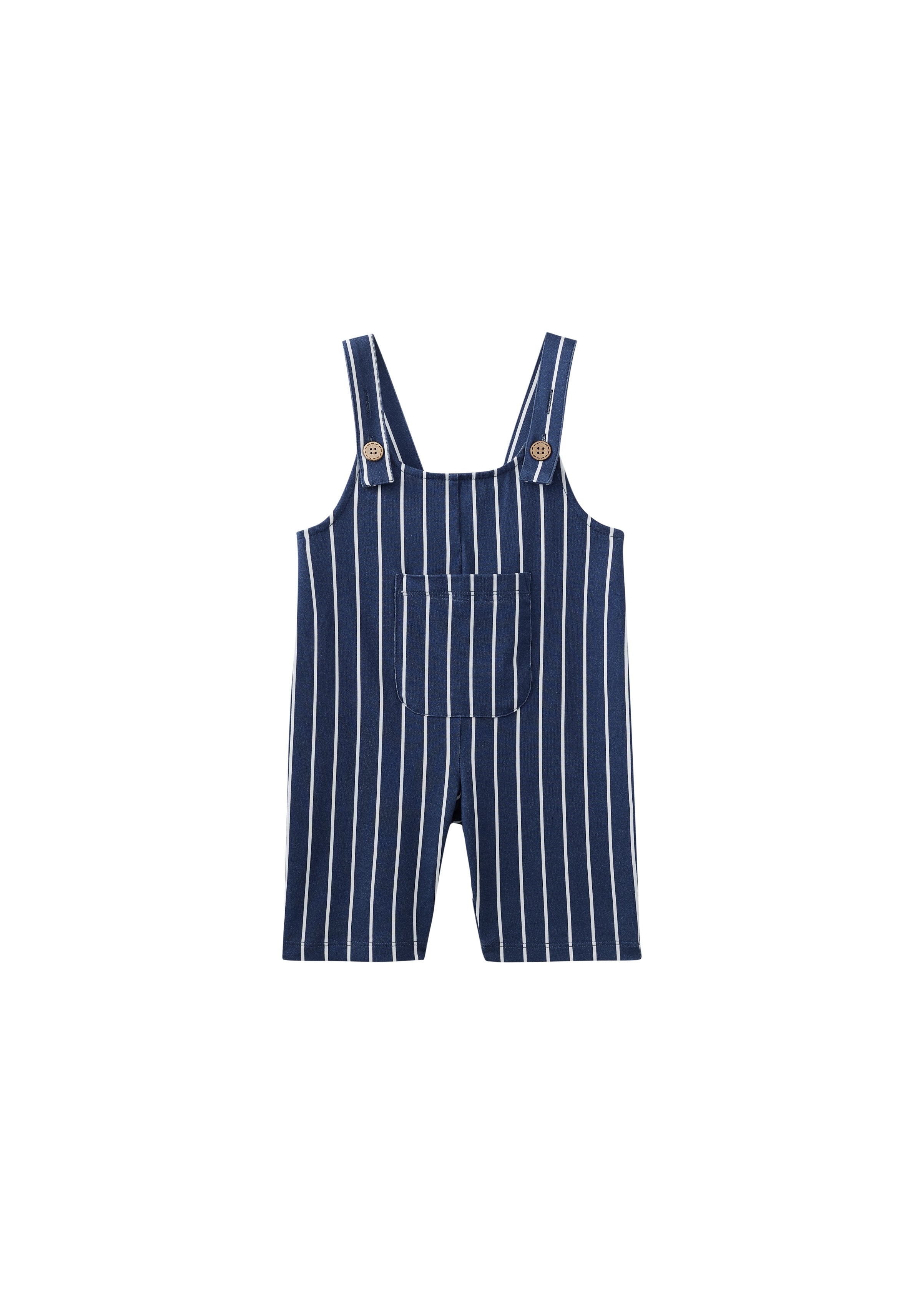 Navy pinstripe overalls on a white background
