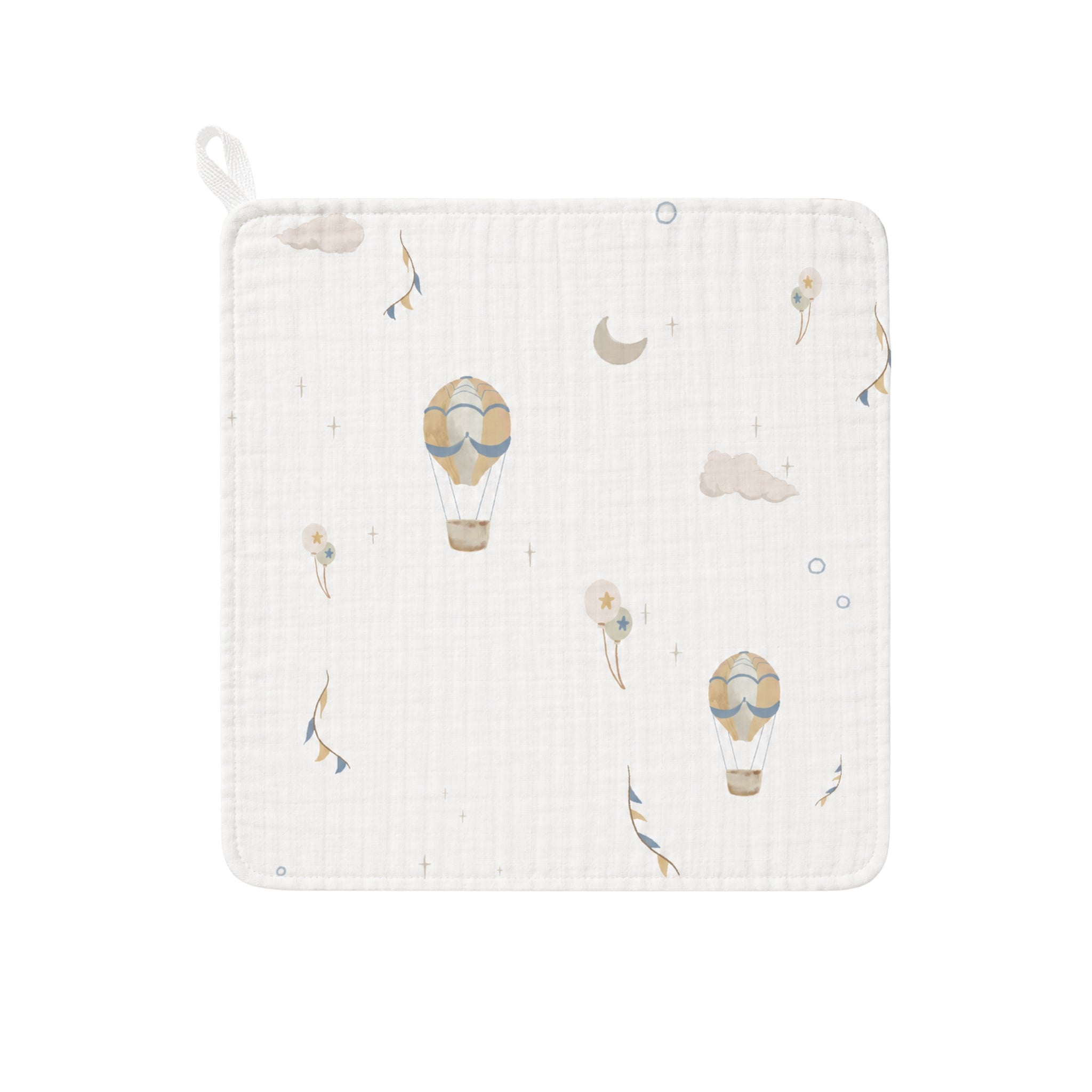 Fabric swatch with hot air balloon pattern on a white background