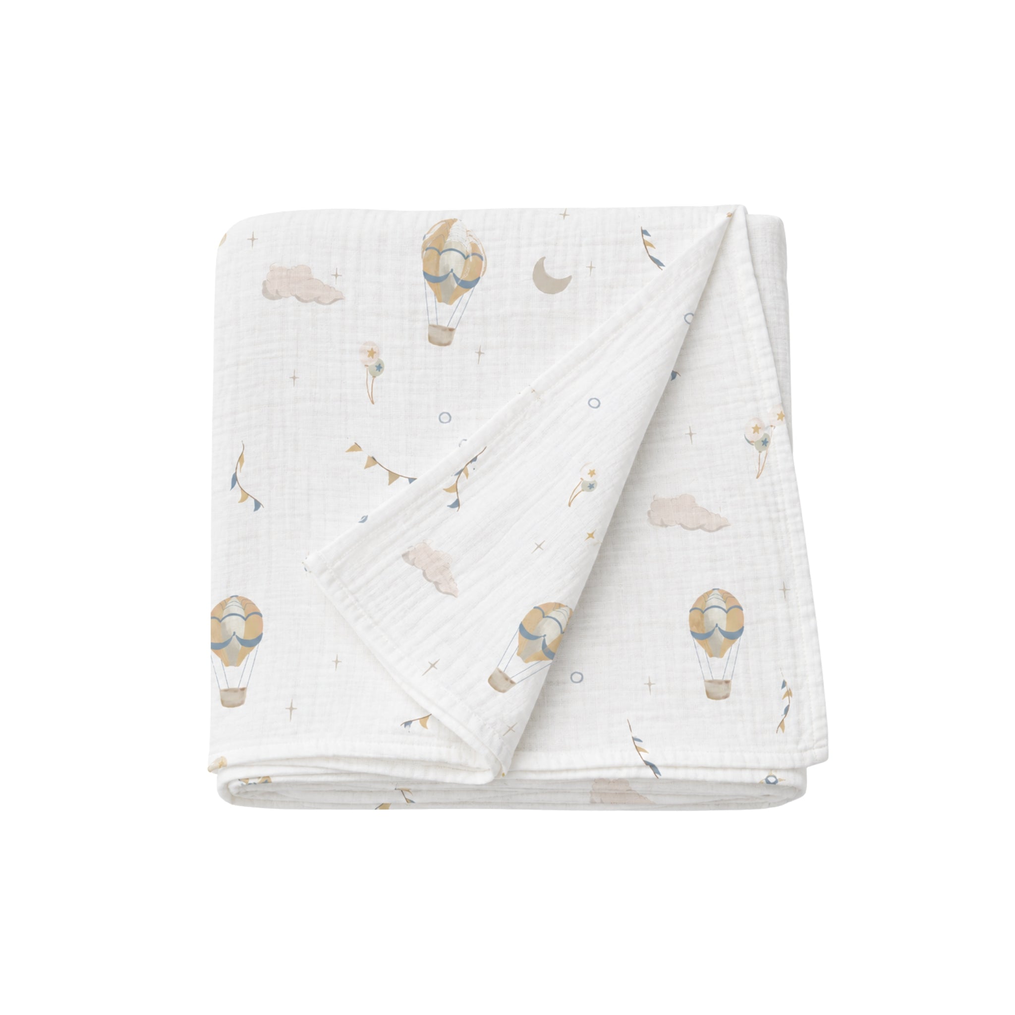 Folded baby blanket with hot air balloon pattern on a white background