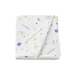 Folded baby blanket with space-themed pattern and 'Lunaris' branding on a white background