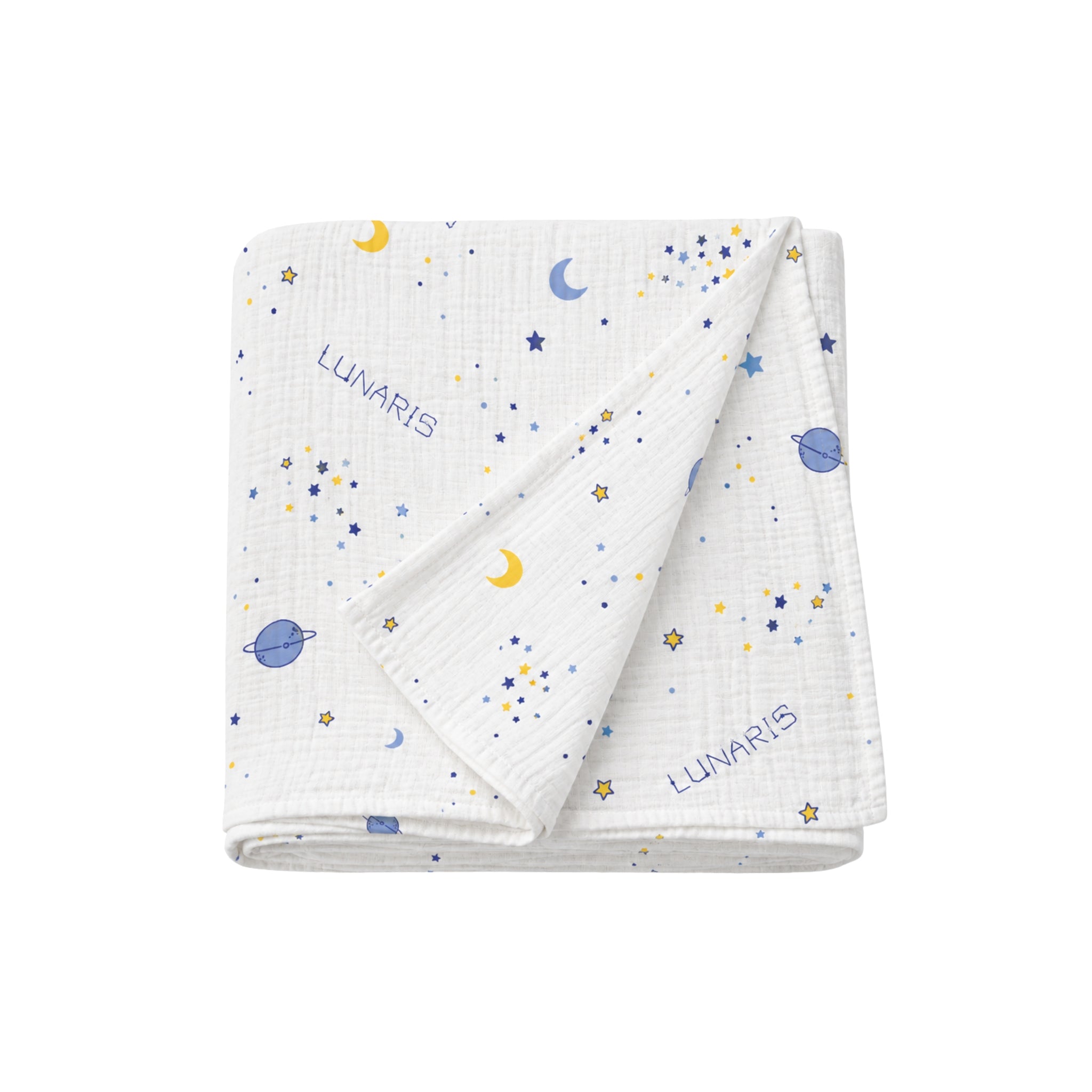 Folded baby blanket with space-themed pattern and 'Lunaris' branding on a white background