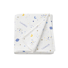 Folded baby blanket with space-themed pattern and 'Lunaris' branding on a white background