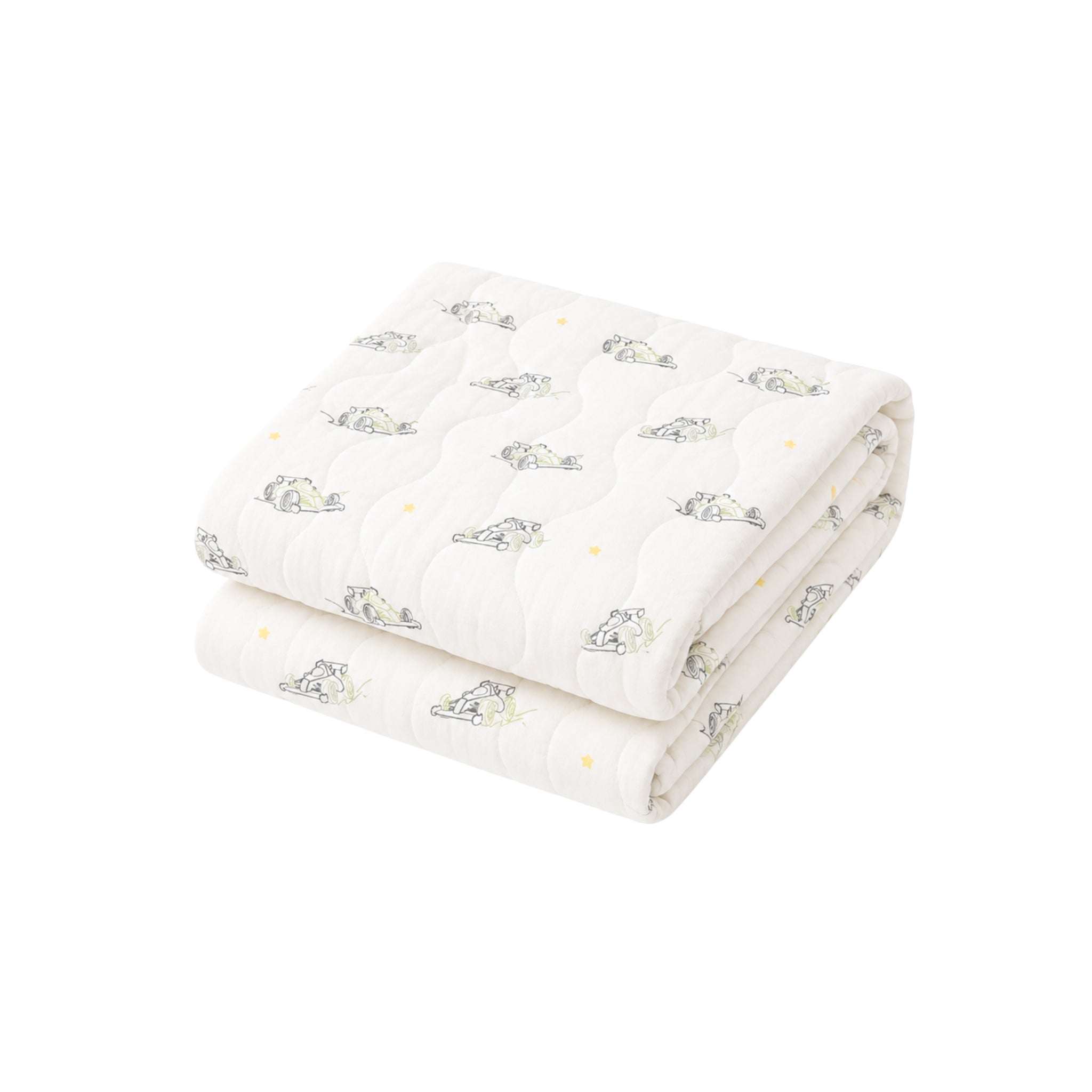Folded baby blanket with racing car pattern on a white background