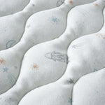 Textured fabric surface with embroidered designs of stars, planets, and rockets.