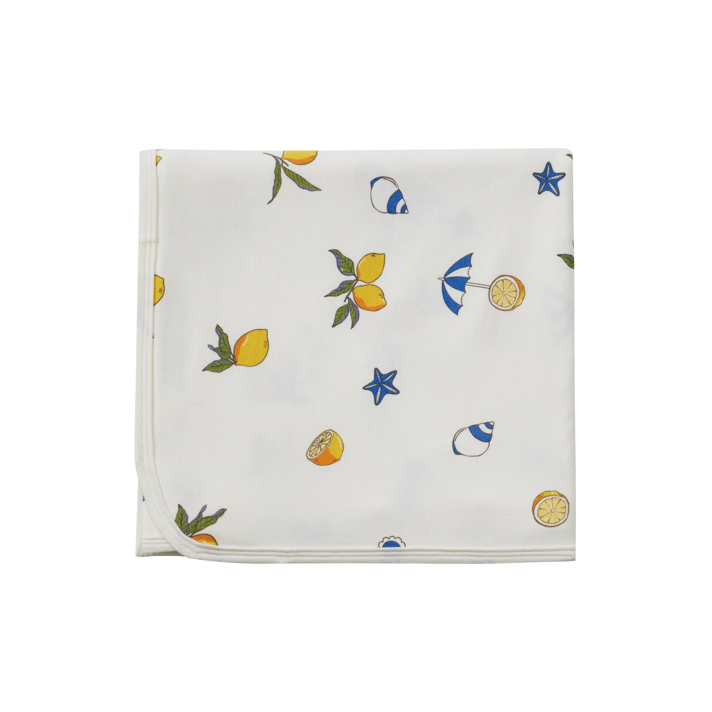 Fabric swatch with lemon and sailboat pattern on a white background