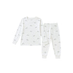 A two-piece children's pajama set featuring a long-sleeve top and matching jogger pants in white, both printed with a small cloud pattern in gray and yellow.