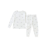 A two-piece children's pajama set featuring a long-sleeve top and matching jogger pants in white, both printed with a small cloud pattern in gray and yellow.