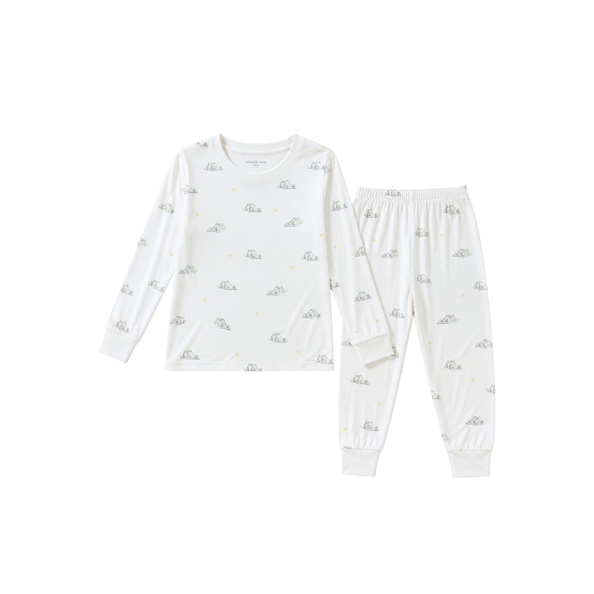 A two-piece children's pajama set featuring a long-sleeve top and matching jogger pants in white, both printed with a small cloud pattern in gray and yellow.