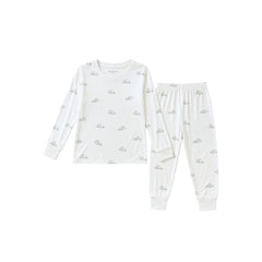 A two-piece children's pajama set featuring a long-sleeve top and matching jogger pants in white, both printed with a small cloud pattern in gray and yellow.