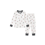 A two-piece children's pajama set featuring a long-sleeve top and matching pants. The pajamas are off-white with a repeating pattern of penguins and small red apples, finished with contrasting dark gray ribbed cuffs, collar, and hem.