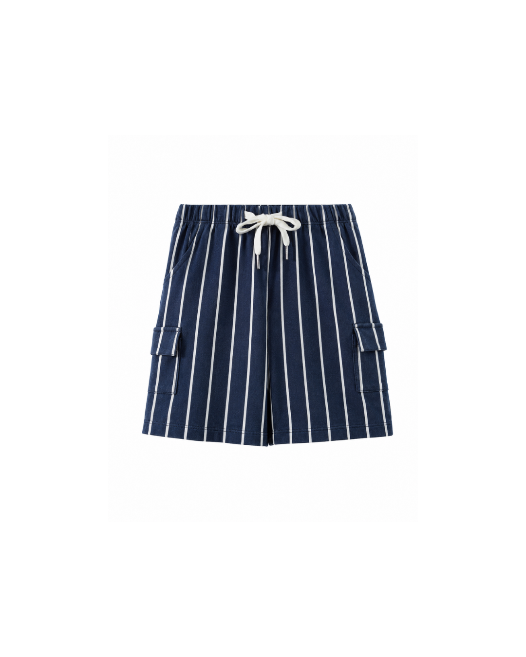 Navy blue shorts with white stripes on a white background