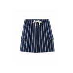 Navy blue shorts with white stripes on a white background