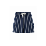 Navy blue shorts with white stripes on a white background