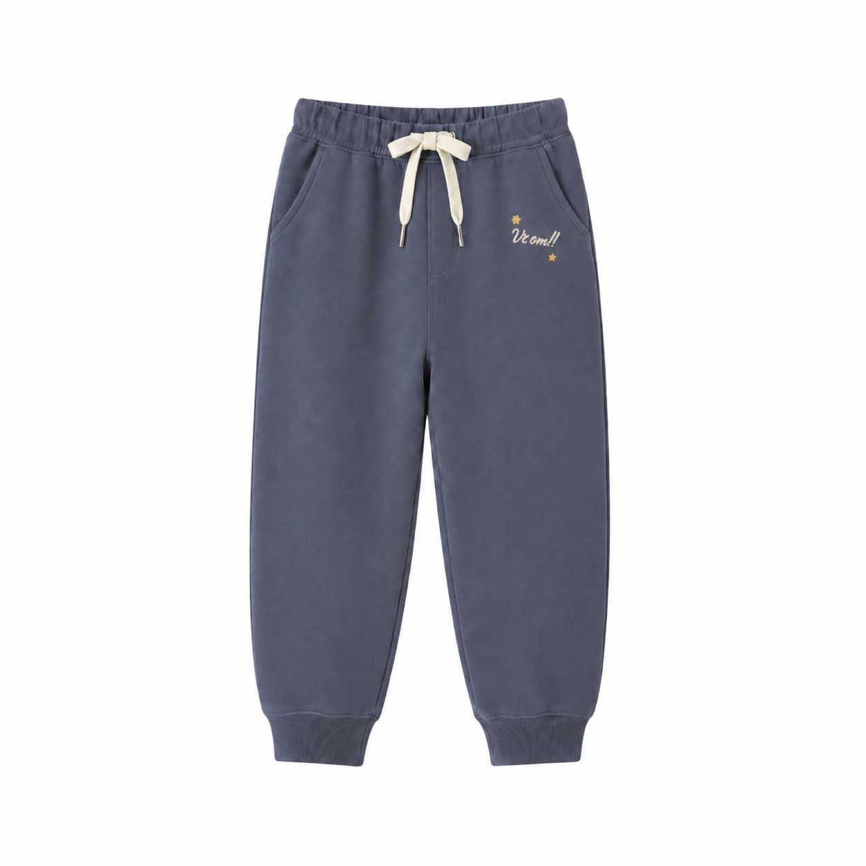 A pair of dark slate blue jogger sweatpants with a cream-colored drawstring and small gold embroidered text on the left thigh, displayed against a solid white background.