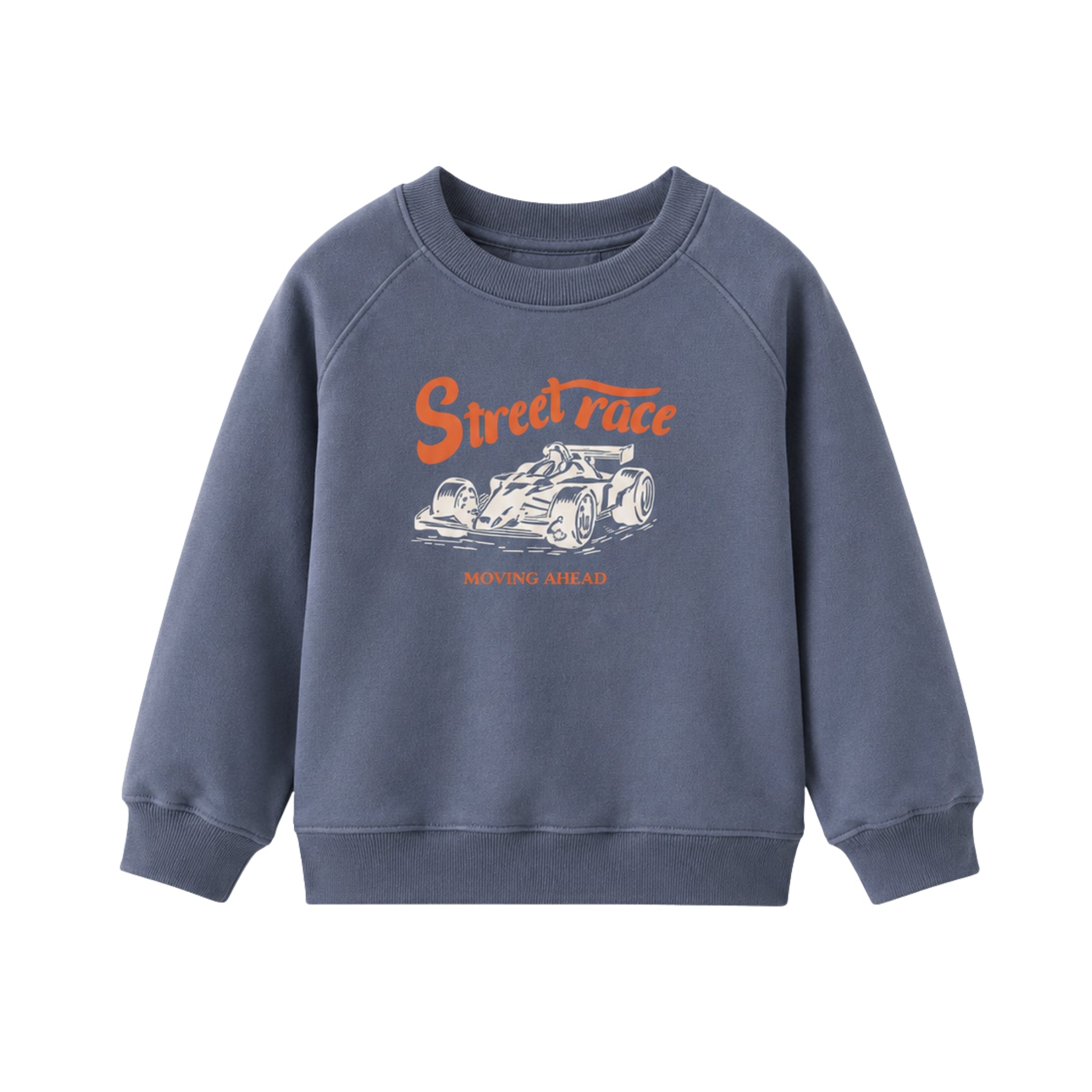 Blue sweatshirt with 'Street race' and race car graphic on a white background