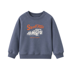 Blue sweatshirt with 'Street race' and race car graphic on a white background