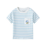 Blue and white striped t-shirt with a small pocket on a white background