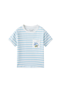 Blue and white striped t-shirt with a small pocket on a white background