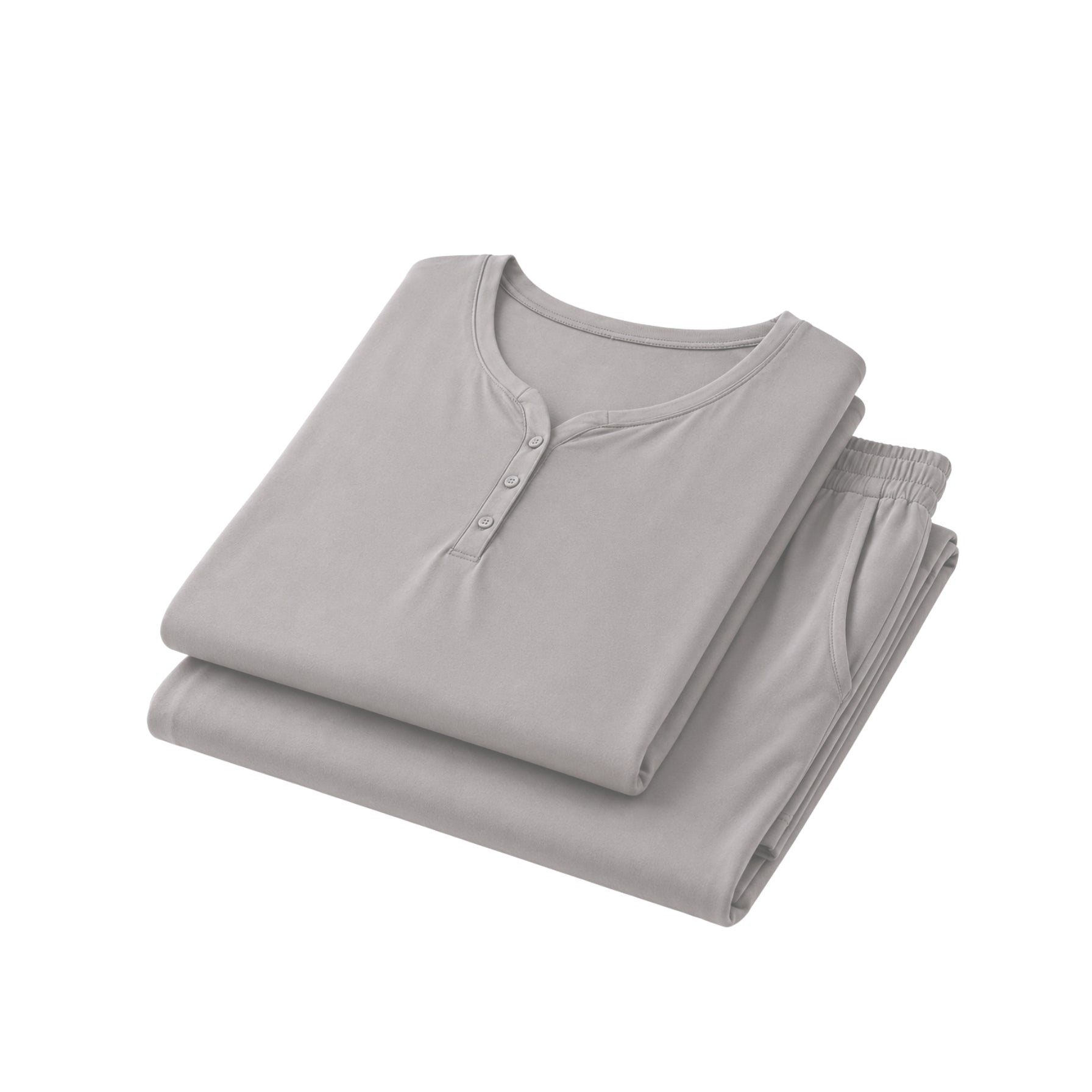 Folded gray shirt and pants set on a white background