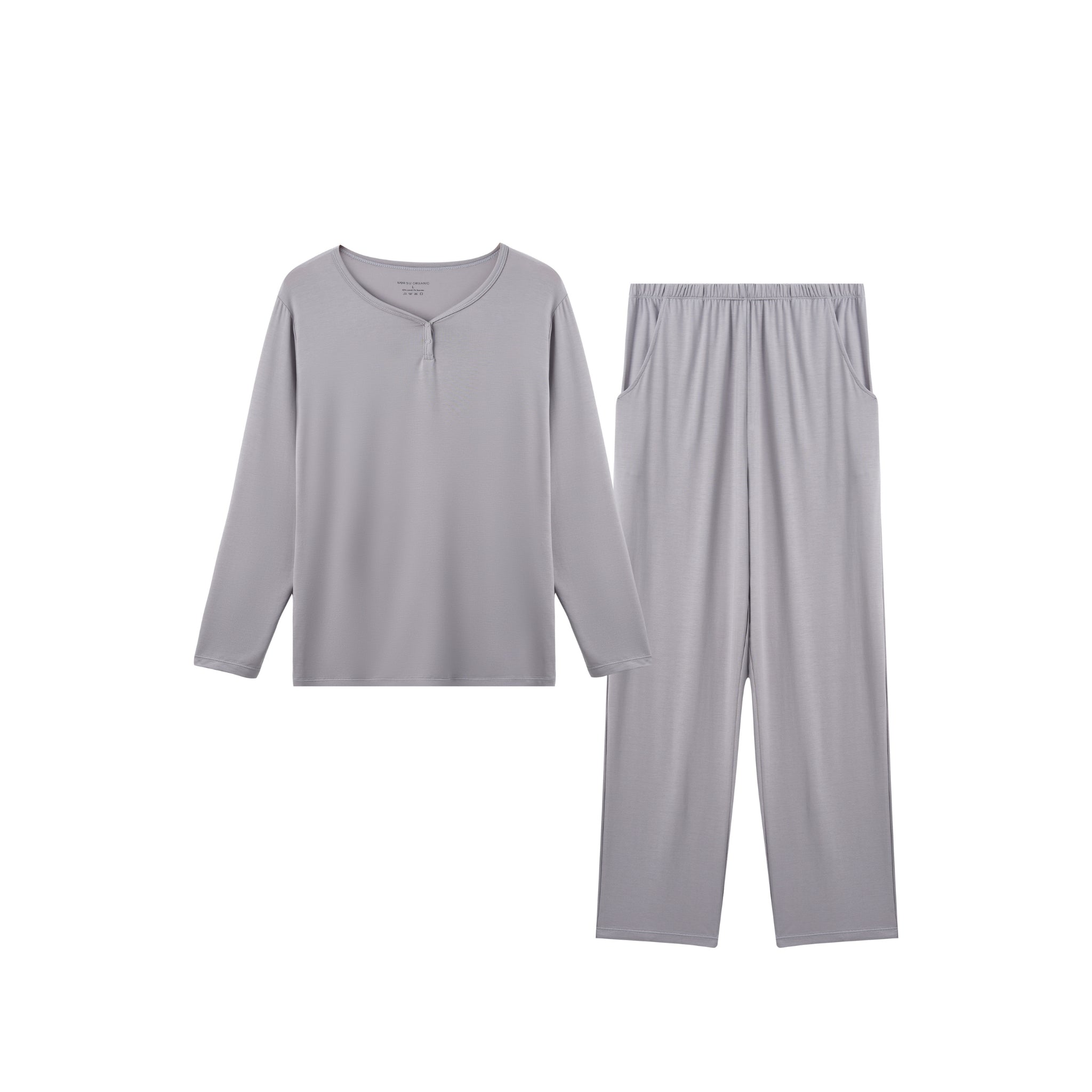 A two-piece light gray loungewear set consisting of a long-sleeve henley-style top and matching straight-leg pants, displayed on a solid white background.