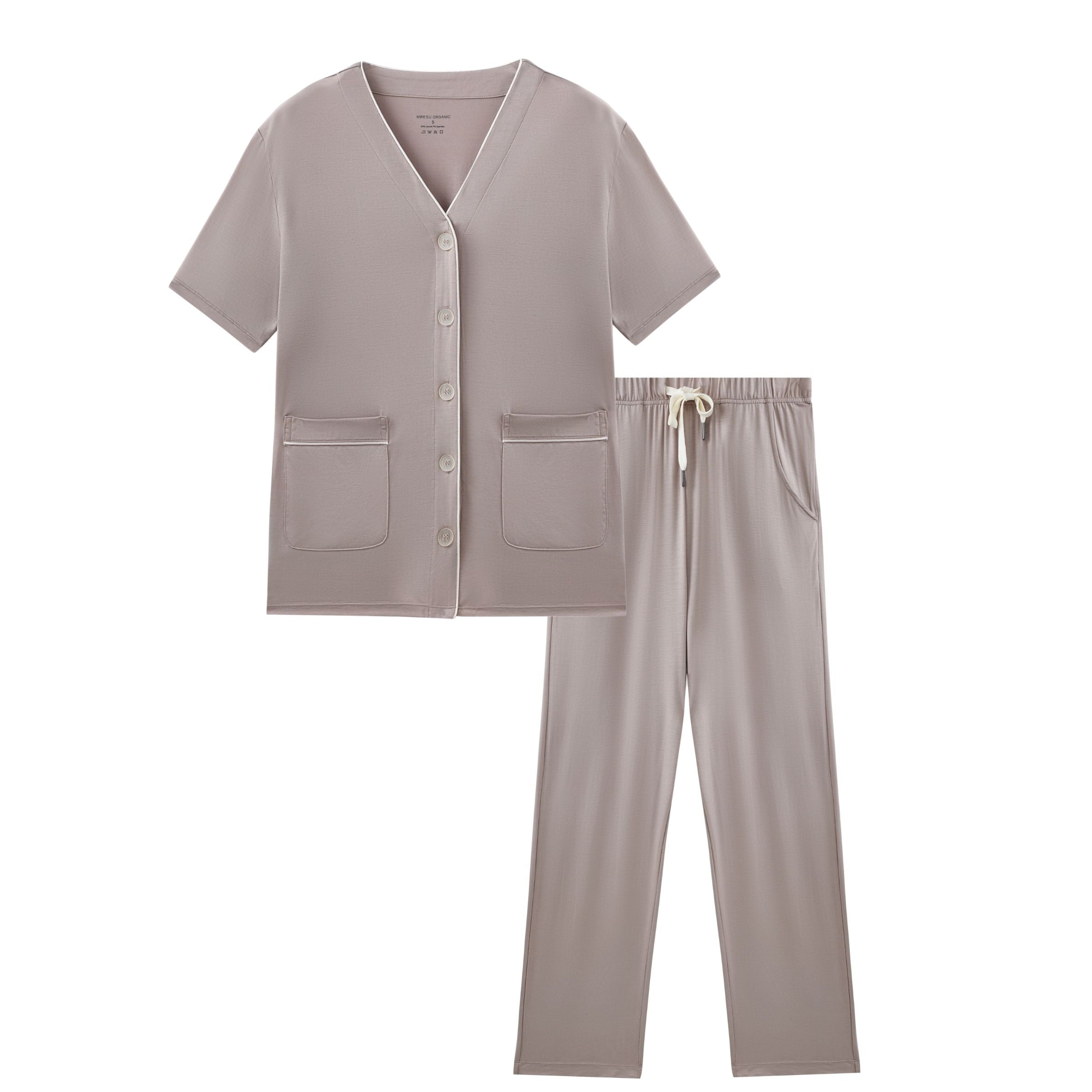 Light gray scrub set with top and pants on a white background