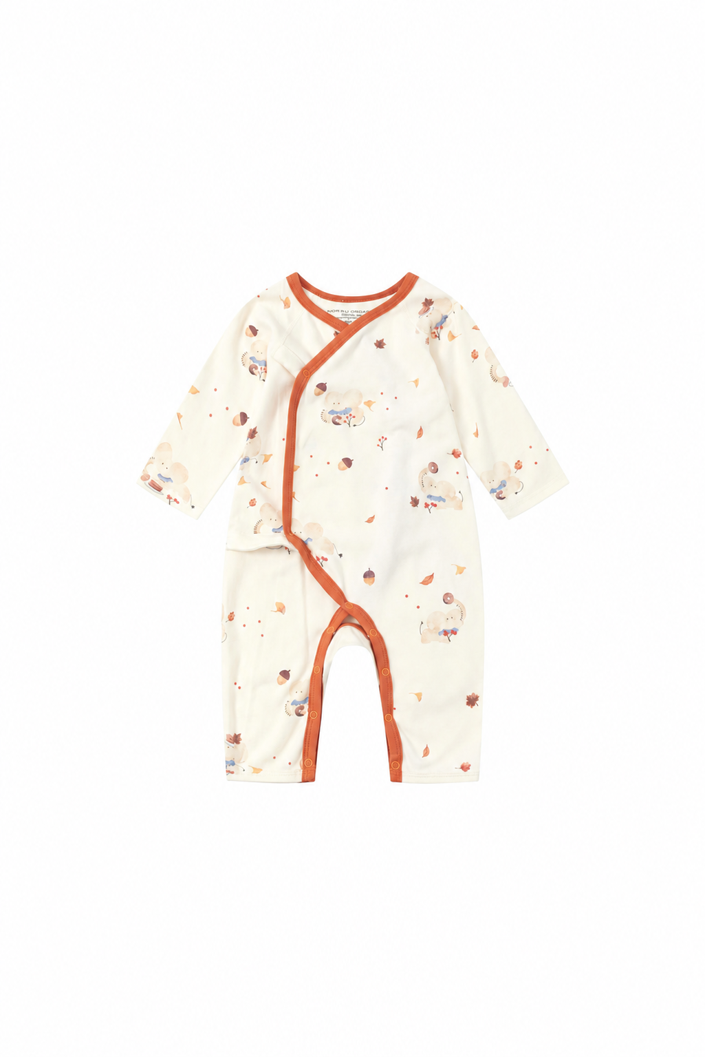A baby long-sleeve sleep sack or romper in cream with a scattered acorn print and orange trim, shown flat on a white background.