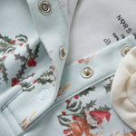 Close-up of a light blue fabric with Christmas-themed embroidery and buttons.