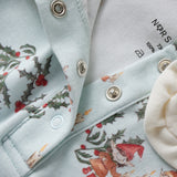Close-up of a light blue fabric with Christmas-themed embroidery and buttons.