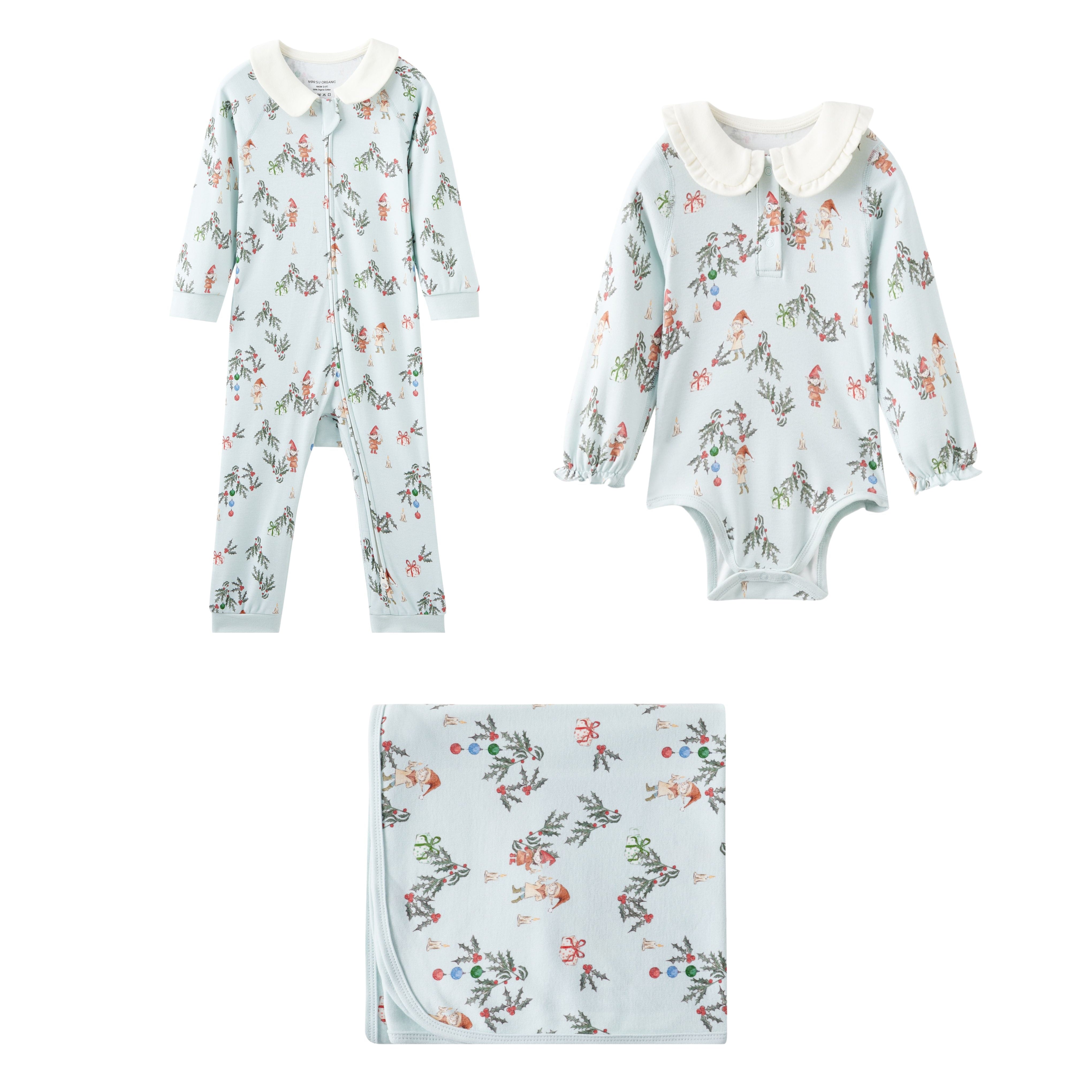 Baby clothing set with floral pattern on a white background