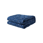 Folded blue quilt with a subtle pattern on a white background