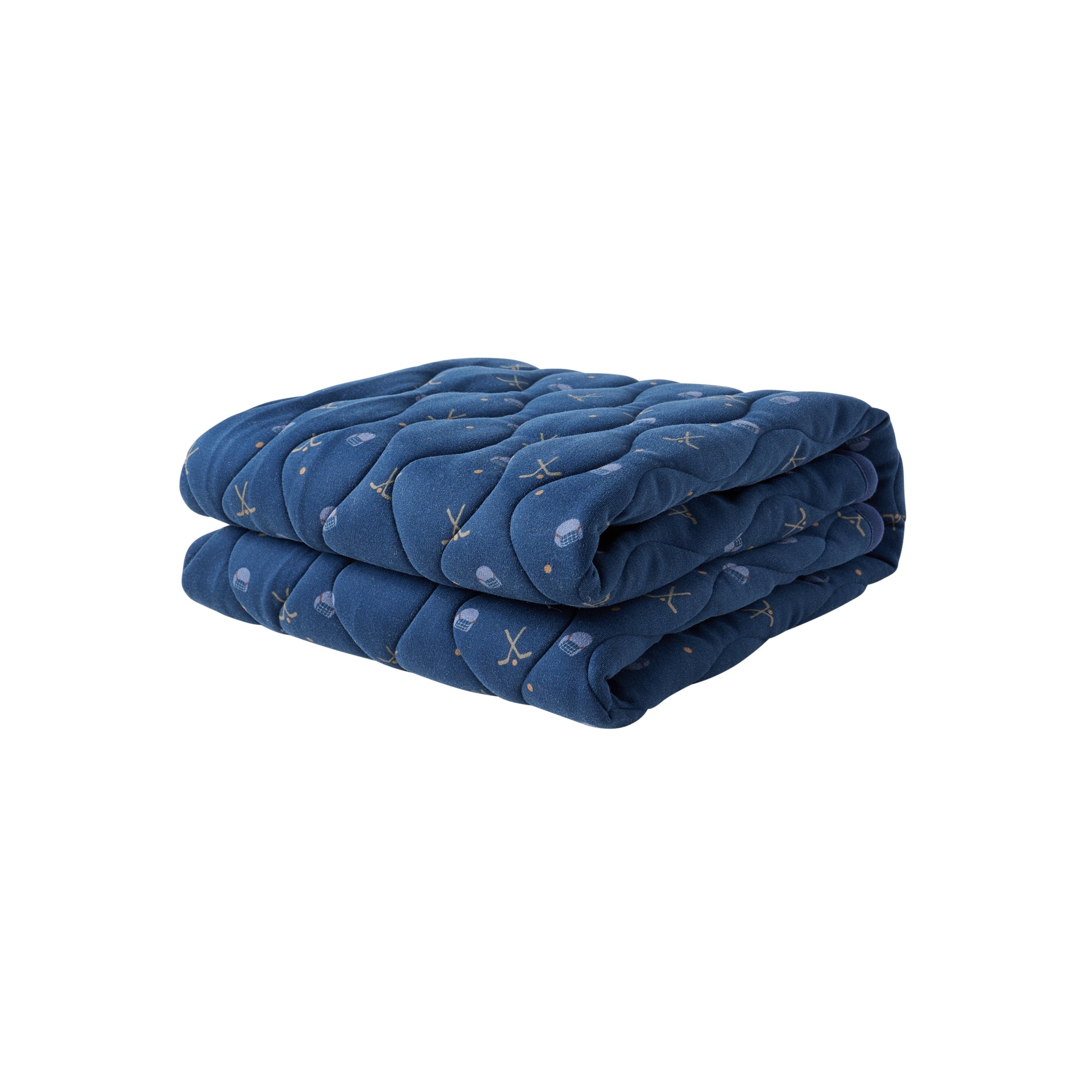 Folded blue quilt with a subtle pattern on a white background