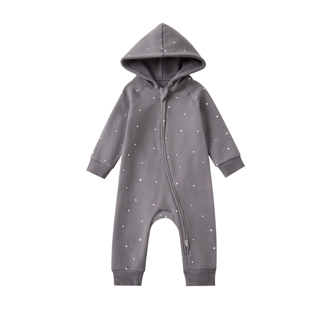 Gray baby onesie with star pattern on a white background