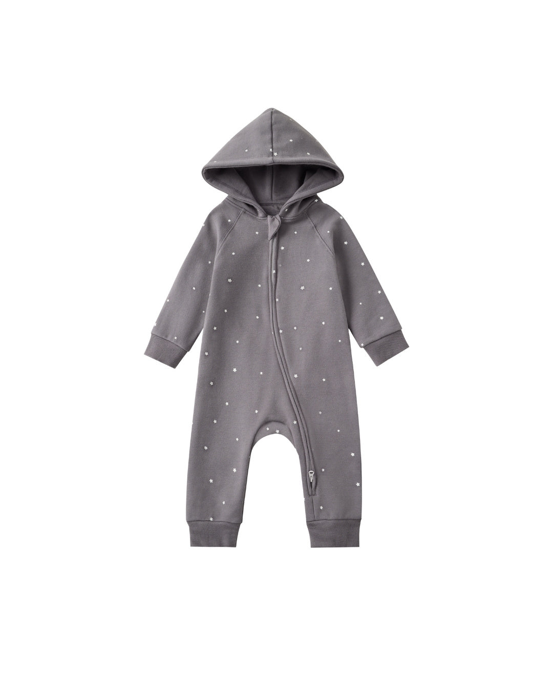 Gray baby onesie with star pattern on a white background