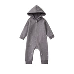 Gray baby onesie with star pattern on a white background