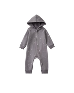 Gray baby onesie with star pattern on a white background