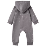 Gray baby onesie with star patterns on a white background