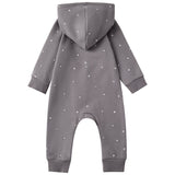 Gray baby onesie with star patterns on a white background