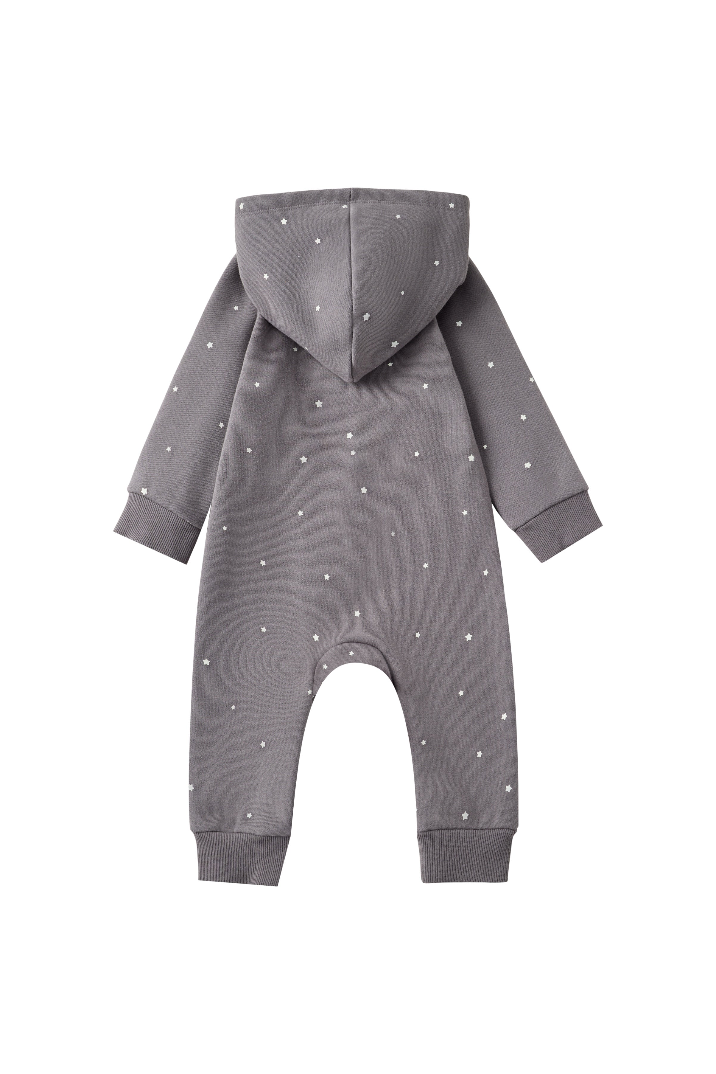 Gray baby onesie with star patterns on a white background