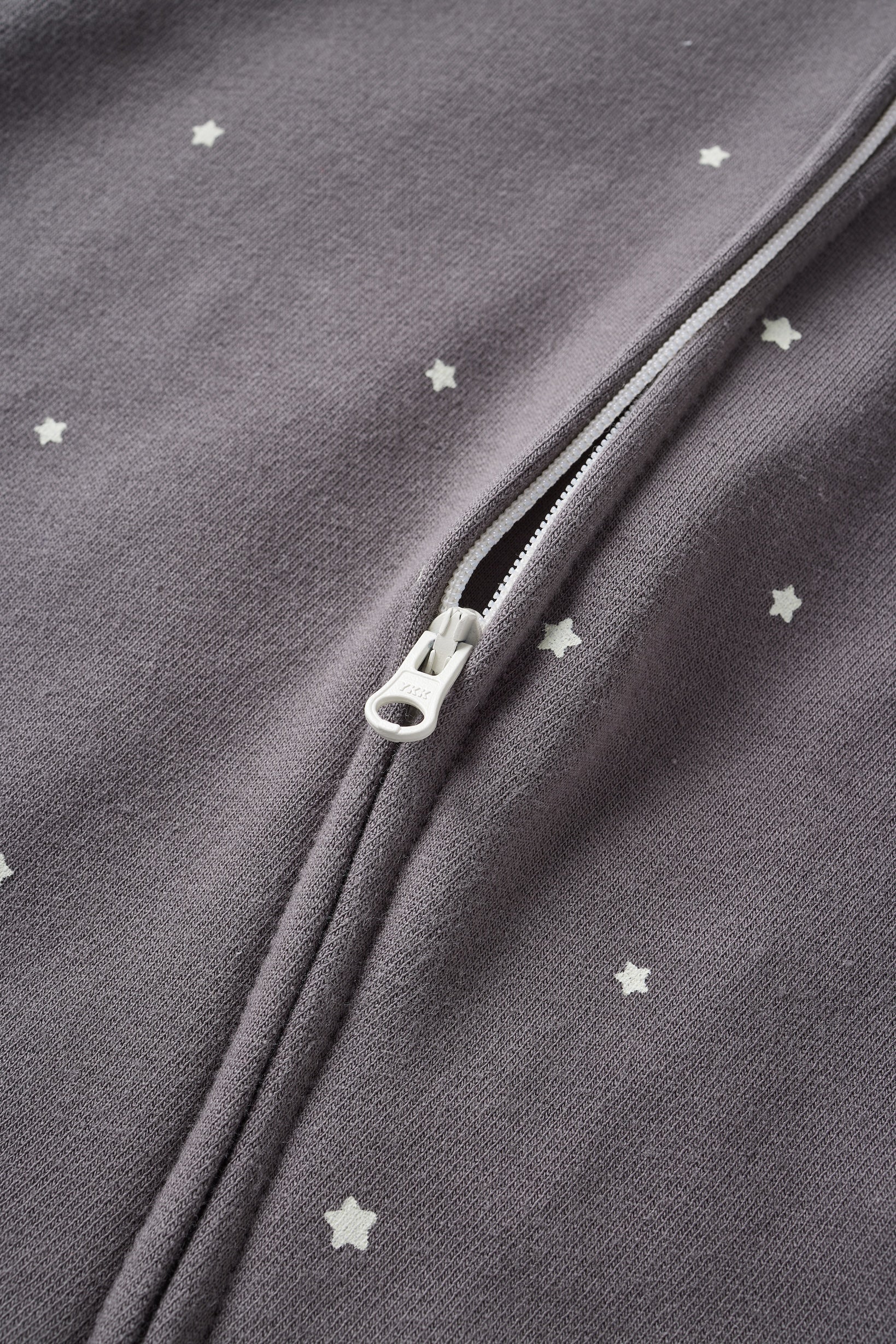 Close-up of a dark gray fabric with star patterns and a zipper.